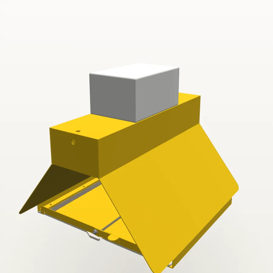 3D model of the AfriTrap: a folded aluminium pheromone trap in yellow with the camera housing on top and the gridded sticky tray in the base.